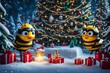 Bees enjoying the holiday spirit near a decorated tree, 