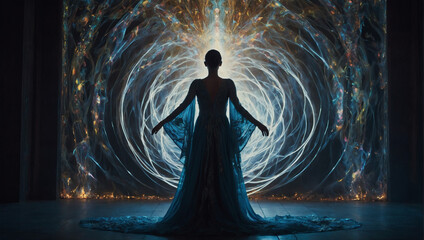Wall Mural - In the midst of swirling ethereal light, a figure clad in shimmering robes performs an ancient dance under a sky ablaze with celestial energies.