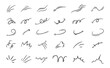 Expression and movement elements. Hand drawn emotion line, effects. Abstract hitting, jumping animation. Doodle curves, swirl, shape, motion. Vector set