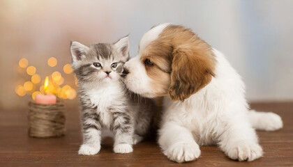 Little tabby kitten playing with little puppy