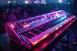 Electronic synthesizer with illuminated keys in dark room, blurred crowd in background.