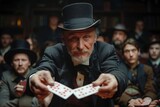 Fototapeta  - Vintage magician wowing audience with impressive card trick and sleight of hand skills