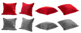 Fototapeta Panele -  2 Collection set of red maroon grey gray blank cushion pillow cover, front side lying view on transparent cutout, PNG file. Many angle. Mockup template for design