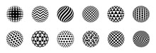 Dotted Halftone Sphere. Striped And Checkered 3d Spheres With Dot Particles, Abstract Spherical Balls. Halftone Gradient Texture Isolated Vector Logo Globe Shapes