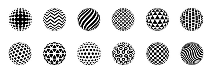 dotted halftone sphere. striped and checkered 3d spheres with dot particles, abstract spherical ball