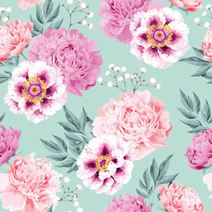 Wall Mural - Pink and white peonies seamless background