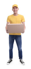 Wall Mural - Happy courier with parcel on white background