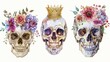 A set of human skulls with flowers and gold crowns. Esoteric vintage watercolor illustration, gothic clip art isolated on white