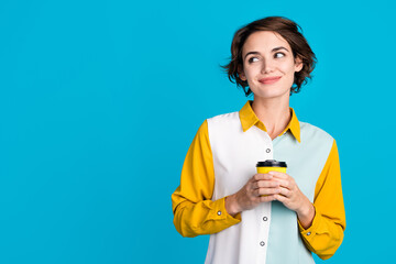 Sticker - Photo of agent lady hold paper cup with coffee look empty space isolated blue color background