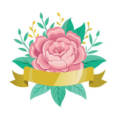 Poster - A pink flower with green leaves and a yellow ribbon