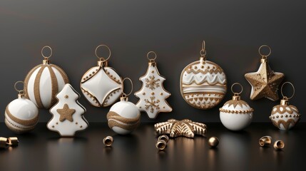 Wall Mural - The gingerbread cookies are isolated on a black background in this 3D render of white and gold Christmas ornaments.