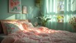 Interior of modern pink bedroom with bed, shelving unit, lamps and furniture, pictures on the wall. Girl's total pink bedroom, trendy design render 3D. Cozy room for a girl or teen