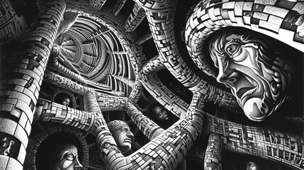 Canvas Print - A black and white drawing of a maze with many faces, AI