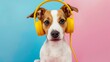 portrait of beautiful small jack russell dog wearing modern yellow headset on pink and blue background