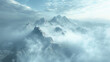 Majestic mountain range rising above a dense fog, creating an ethereal atmosphere.