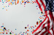 An elegant USA flag draped with grace, with confetti in shapes of stars and stripes floating around it, encapsulating the joy of Independence Day on a white background,