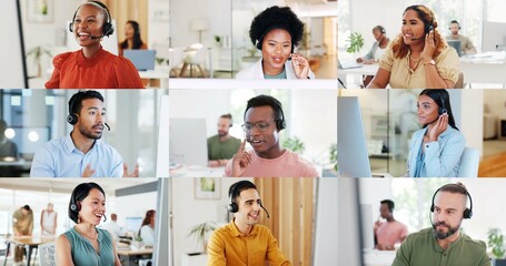 Aufkleber - Call center, collage and people in office for customer service, consulting and telemarketing company. Communication, diversity and men and woman talking for advice, help and CRM support on mosaic