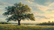 Majestic oak tree standing tall in a sunlit meadow.