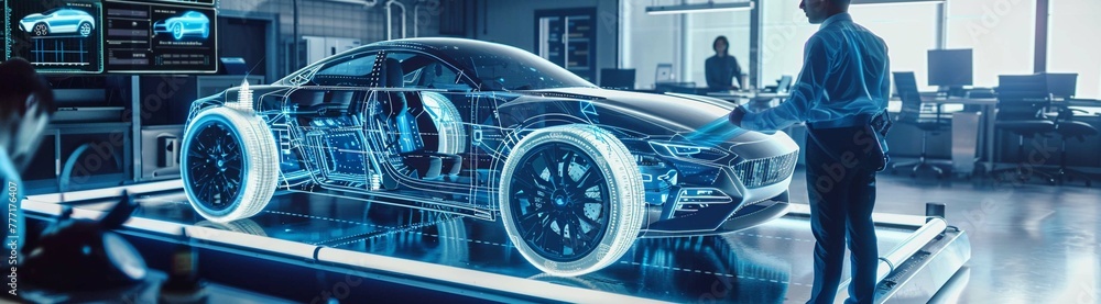 Engineers working on a futuristic vehicle design using a holographic ...