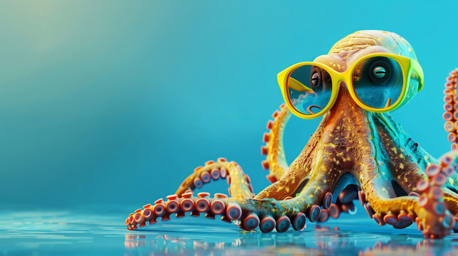 octopus in big sunglasses on blue background, 3d render