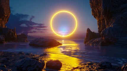 Wall Mural - In this 3D rendering, yellow neon rings glow over cliffs and water in a futuristic landscape. The background is a modern minimalist abstract with sunset or sunrise colors.