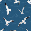 White seagulls flying in the blue sky. Summer vector pattern