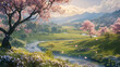 Peaceful countryside with a winding river, blooming cherry trees, and distant rolling hills.