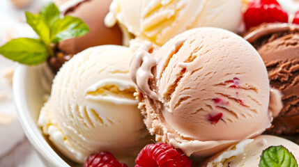 Poster - Delicious Scoops of Vanilla and Chocolate Ice Cream with Fresh Raspberries and Mint. Perfect Summer Treat. Stock Photo. AI