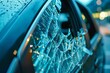 Close-up of a broken passenger window of a car broken by a thief. car theft. generative ai