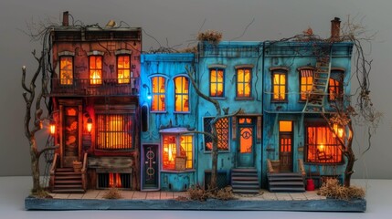 Wall Mural - A miniature house with lit windows and a tree in front of it, AI