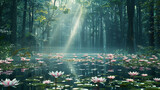 Fototapeta  - minimalistic forest with ray of sun and reflections in the water, flowers in the water 