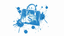 Grunge Blue Icon With Image Of Purse With Dollars Isolated