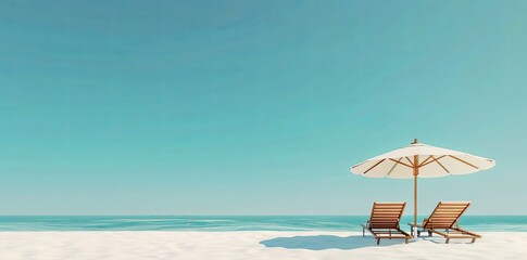 Wall Mural - 3d rendering of two beach chairs and umbrella on white sand at the bottom right side, clear blue sky background