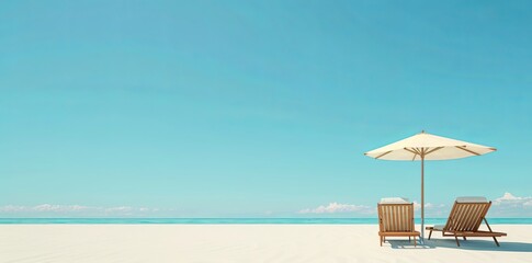 Wall Mural - 3d rendering of two beach chairs and umbrella on white sand at the bottom right side, clear blue sky background