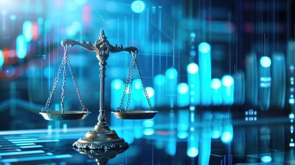 Law scales on blurred background of analytics data, statistics, graphs and charts. Concept of economic balance, financial success, audit or market growth