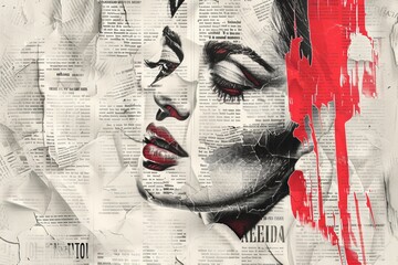 Wall Mural - A striking collage portrait, pieced together from newspaper snippets and splashes of red paint, conveys a strong message about media and identity.Newpaper Collage Effect background