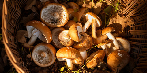 Wall Mural - top view close up of a mushroom basket are displayed on the garden сreated with Generative Ai