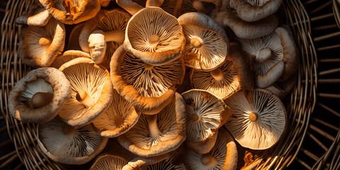 Wall Mural - top view close up of a mushroom basket are displayed on the garden сreated with Generative Ai