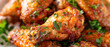 Crispy fried chicken wings with herbs, food, restaurant advertising