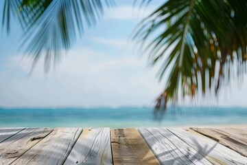 Wall Mural - Wooden table top with blurred tropical beach background for product display and summer