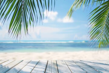 Wall Mural - Wooden table top with blurred tropical beach background for product display and summer