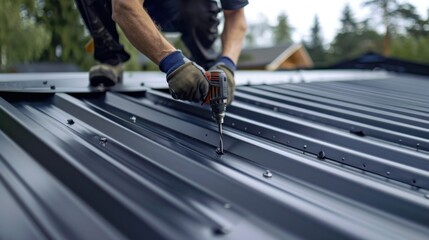 Black metal sheet roof installed by a professional roofer. The roofer uses a drill to shoot screws into the roof.