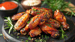 Crispy fried chicken wings with herbs, food, restaurant advertising