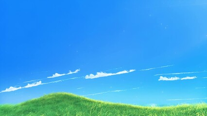 Wall Mural - grass slow windy noise on blue sky loop. scenery of meadow grass and windy slow on blue background.