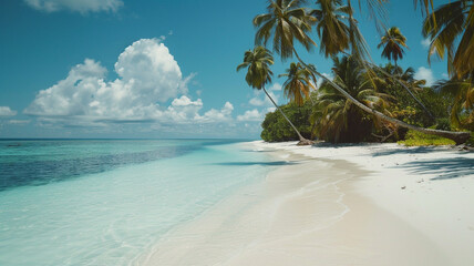 Wall Mural - Tranquil beach with powdery white sand, crystal-clear waters, and swaying palm trees.