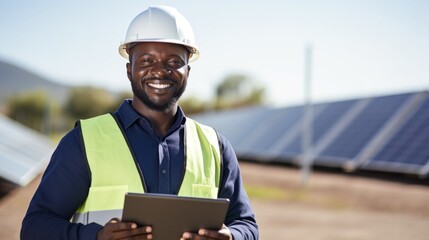 Wall Mural - engineer using tablet Standing and smiling, looking at the camera Complete with solar panels