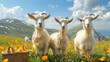 Three goats standing in a vibrant flower field with a picnic basket, against a backdrop of picturesque mountains and blue sky.