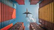 © ORG - Picture taken from an upward angle Airplanes flying over overseas shipping containers Logistics supply chain management and international product export concept.