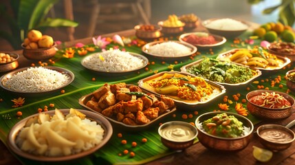 Vishukkani for Vishu with gold coins, mirror, fruits, vegetables, and nilavilakku lamp on a banana leaf before deity icon, warm and inviting atmosphere. Independence Day of India