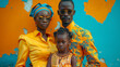 African family, two adults and child, in matching yellow outfits, stern faces.